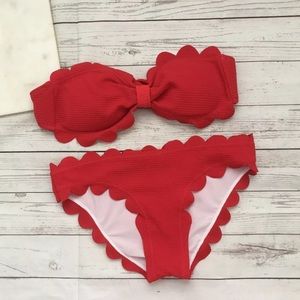 womens s red strapless bikini scalloped textured